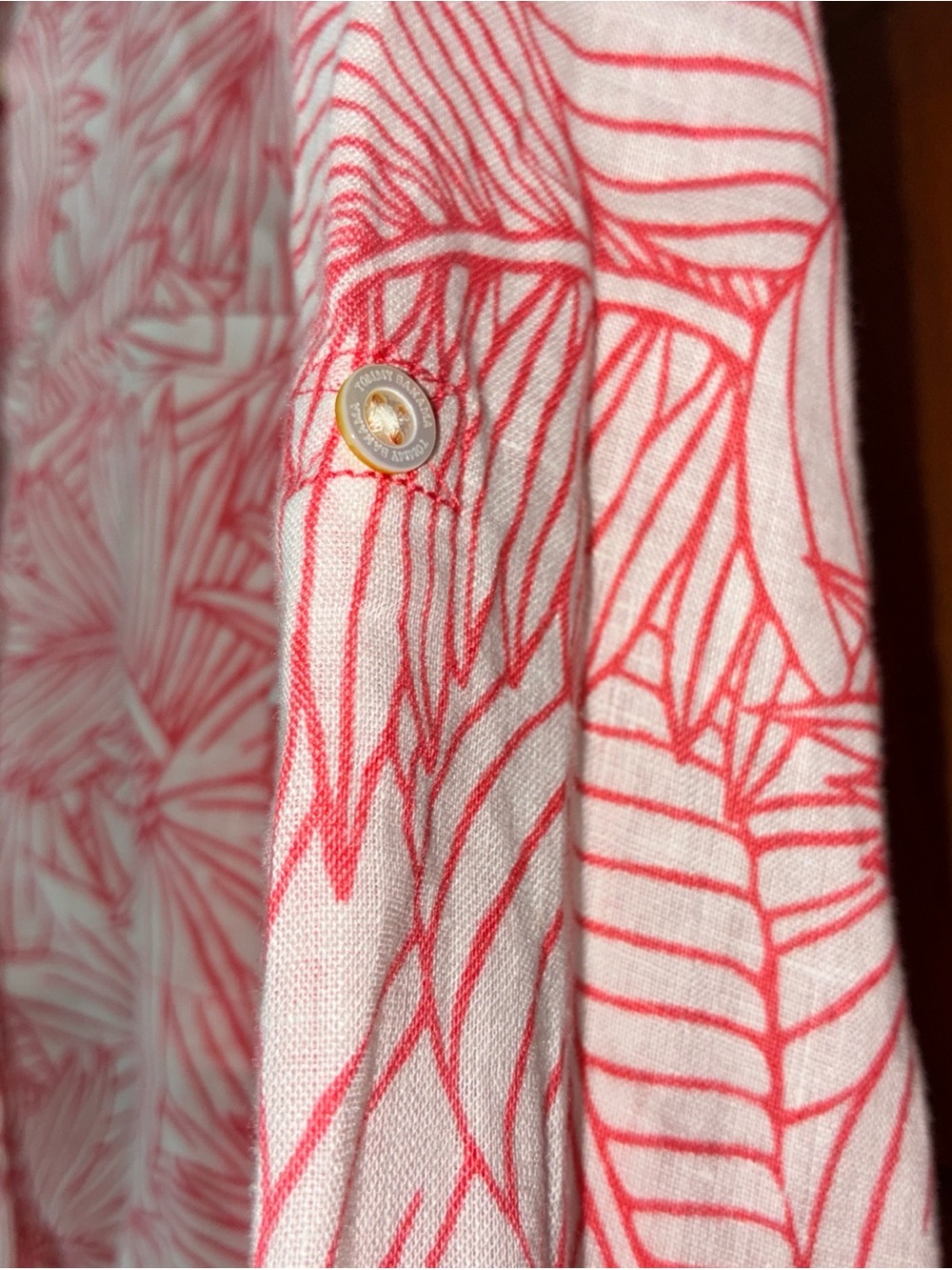Tommy Bahama Coral and White Leaf-Print Split-Neck Blouse - Picture 2 of 6